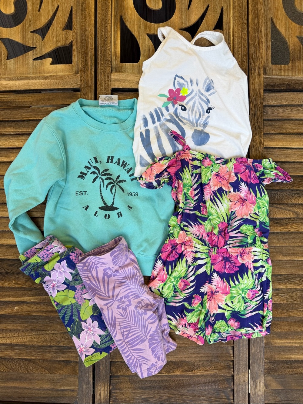 Hawaiian Bundle Teal, White, Navy & Purple Floral Kids Matching Lot Size 6/7 Sm